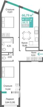 2-к квартира, строящийся дом, 67м2, 2/9 этаж
