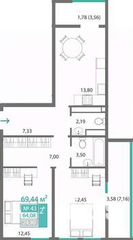 2-к квартира, вторичка, 64м2, 7/7 этаж