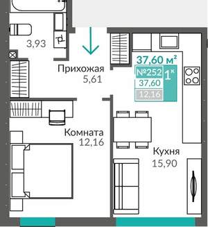 1-к квартира, вторичка, 38м2, 1/9 этаж
