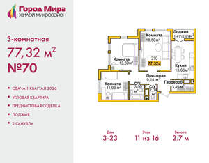 3-к квартира, вторичка, 77м2, 11/16 этаж