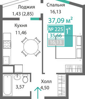 1-к квартира, вторичка, 37м2, 2/9 этаж