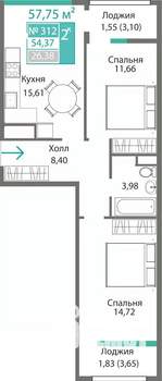 2-к квартира, строящийся дом, 58м2, 3/9 этаж