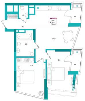 2-к квартира, вторичка, 64м2, 5/24 этаж