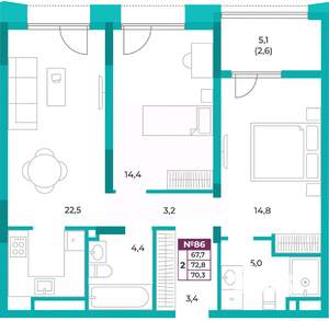 2-к квартира, вторичка, 70м2, 11/20 этаж