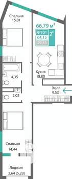 2-к квартира, строящийся дом, 67м2, 7/9 этаж