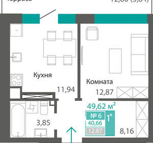 1-к квартира, вторичка, 41м2, 1/7 этаж
