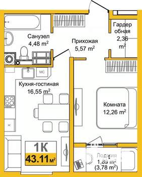 1-к квартира, вторичка, 43м2, 9/9 этаж