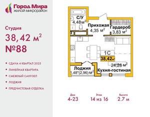 Студия квартира, вторичка, 38м2, 14/16 этаж