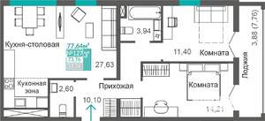2-к квартира, строящийся дом, 74м2, 2/9 этаж
