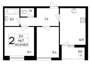 2-к квартира, строящийся дом, 50м2, 6/9 этаж