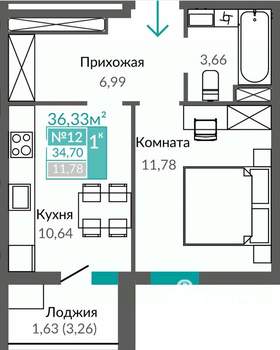 1-к квартира, строящийся дом, 35м2, 3/9 этаж
