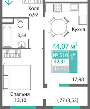 1-к квартира, вторичка, 42м2, 5/9 этаж