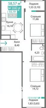 2-к квартира, строящийся дом, 59м2, 2/9 этаж