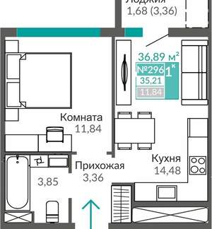 1-к квартира, вторичка, 35м2, 7/9 этаж