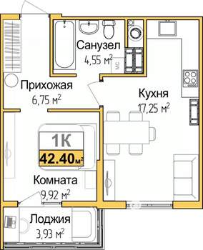 1-к квартира, вторичка, 40м2, 7/9 этаж