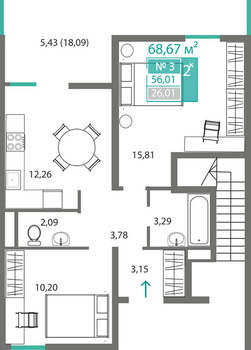 2-к квартира, вторичка, 56м2, 1/9 этаж