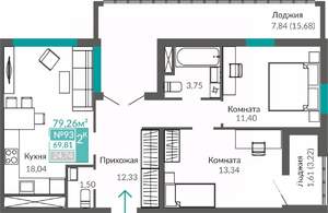 2-к квартира, строящийся дом, 70м2, 5/9 этаж