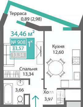 1-к квартира, строящийся дом, 34м2, 9/9 этаж