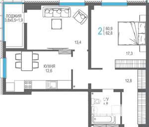 2-к квартира, строящийся дом, 67м2, 13/16 этаж