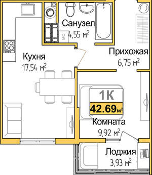 1-к квартира, вторичка, 41м2, 5/9 этаж