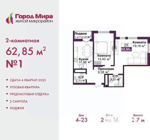2-к квартира, вторичка, 63м2, 2/16 этаж