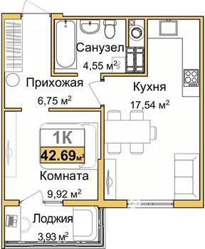 1-к квартира, вторичка, 41м2, 6/9 этаж
