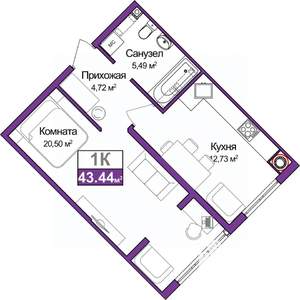 1-к квартира, вторичка, 43м2, 1/9 этаж