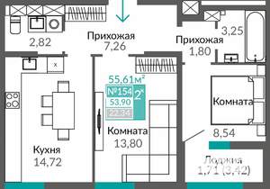 2-к квартира, строящийся дом, 54м2, 9/16 этаж