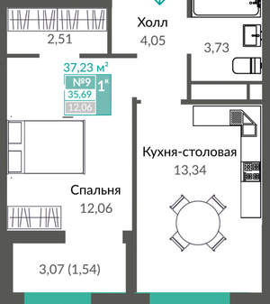 1-к квартира, вторичка, 37м2, 3/16 этаж