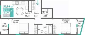 2-к квартира, строящийся дом, 60м2, 9/9 этаж