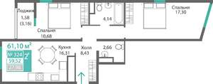 2-к квартира, строящийся дом, 61м2, 3/9 этаж