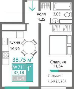 1-к квартира, строящийся дом, 37м2, 7/9 этаж