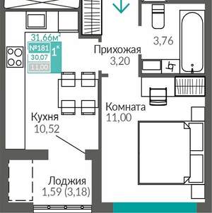 1-к квартира, вторичка, 30м2, 9/9 этаж