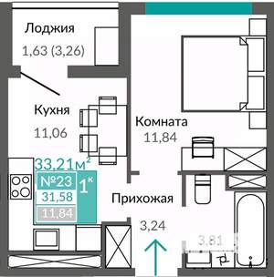 1-к квартира, строящийся дом, 32м2, 9/9 этаж