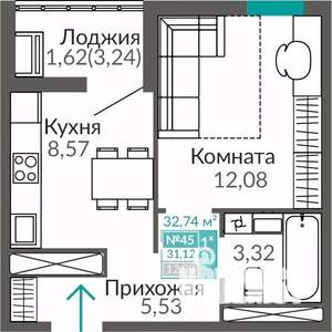 1-к квартира, строящийся дом, 31м2, 7/9 этаж