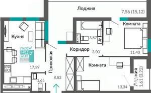 2-к квартира, строящийся дом, 69м2, 3/7 этаж