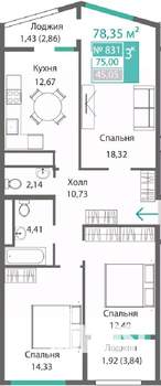 3-к квартира, строящийся дом, 78м2, 5/9 этаж