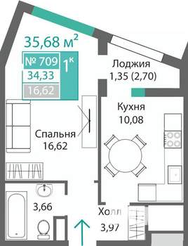 1-к квартира, строящийся дом, 36м2, 7/9 этаж