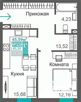 1-к квартира, вторичка, 46м2, 1/9 этаж