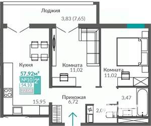 2-к квартира, строящийся дом, 54м2, 2/9 этаж