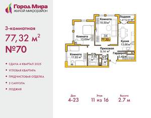 3-к квартира, вторичка, 77м2, 11/16 этаж