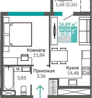 1-к квартира, вторичка, 35м2, 6/9 этаж