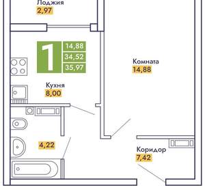 1-к квартира, сданный дом, 37м2, 7/9 этаж