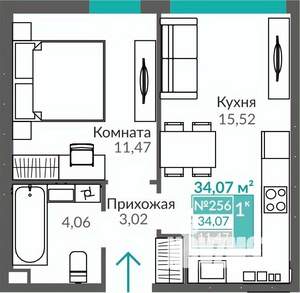 1-к квартира, строящийся дом, 34м2, 1/9 этаж