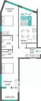 2-к квартира, строящийся дом, 67м2, 7/9 этаж