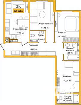 3-к квартира, сданный дом, 84м2, 5/9 этаж