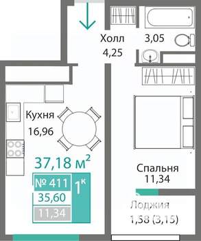 1-к квартира, строящийся дом, 37м2, 7/9 этаж