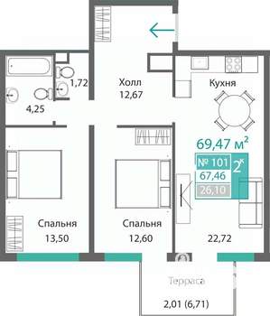 2-к квартира, строящийся дом, 69м2, 1/9 этаж