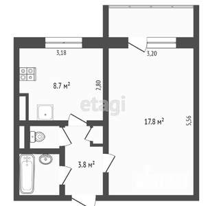 1-к квартира, вторичка, 35м2, 6/9 этаж