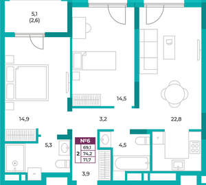 2-к квартира, вторичка, 72м2, 2/16 этаж